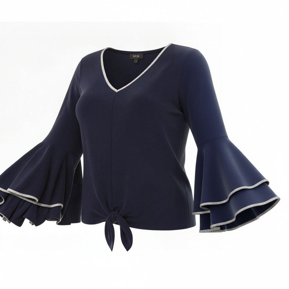 MSK Rhinestone Trim Tiered Bell Sleeve Front Tie Blouse Women L Navy Blue Top